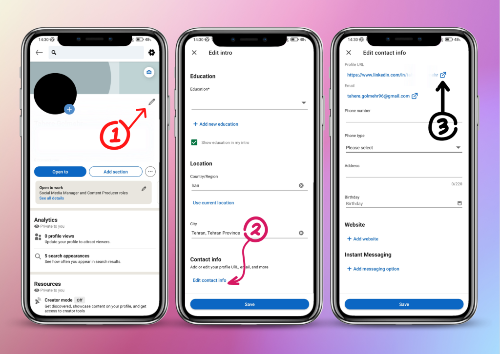 مرحله‌ی اول ساختن لینک اختصاصی برای پروفایل لینکدین